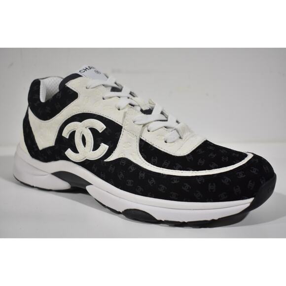 Chanel 22A Mens Black White Suede CC Logo Low Top Lace Up Trainer Sneaker 45 12 - Picture 4 of 11